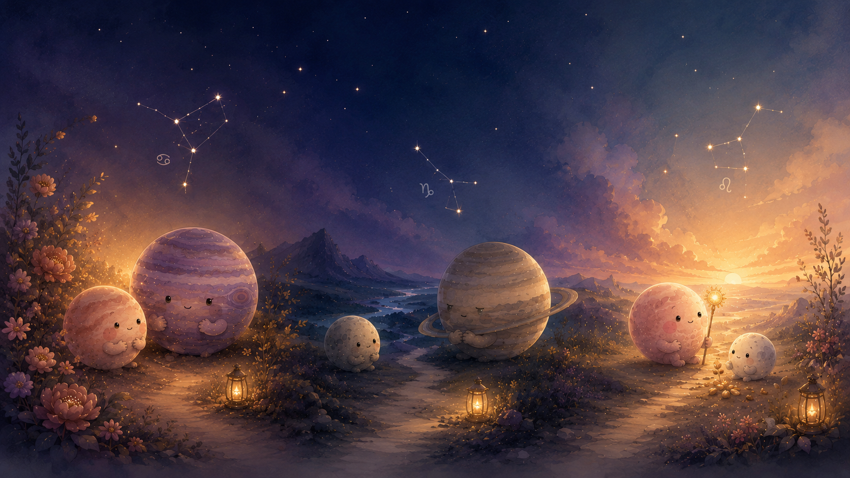 Round planet characters gathered on a flowering hillside at dusk beneath a starry zodiac sky — Ritualette weekly astrology forecast